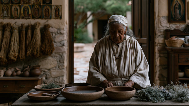 Curandera preparing herbal bath ritual for client in treatment room adorned with Catholic saints imagery and dried botanical bundles, clay bowls of water and aromatic plants on