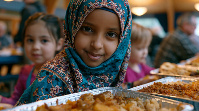 Potluck community dinner where recently arrived Somali refugee family shares dishes with neighboring families in church fellowship hall, name tags identifying dish origins, children running between 
