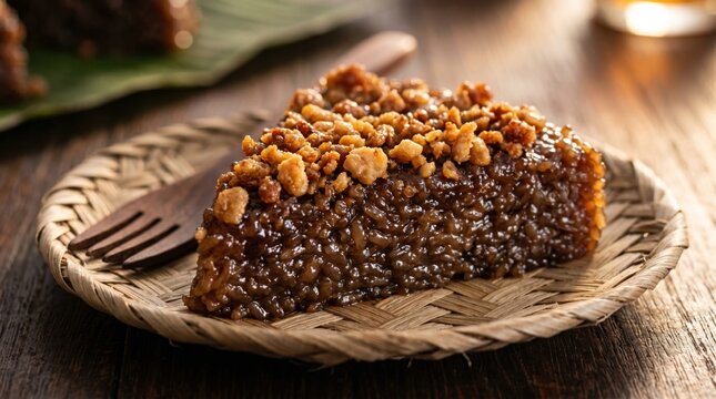 slice of filipino biko sticky rice cake topped with latik coconut curds on a woven plate