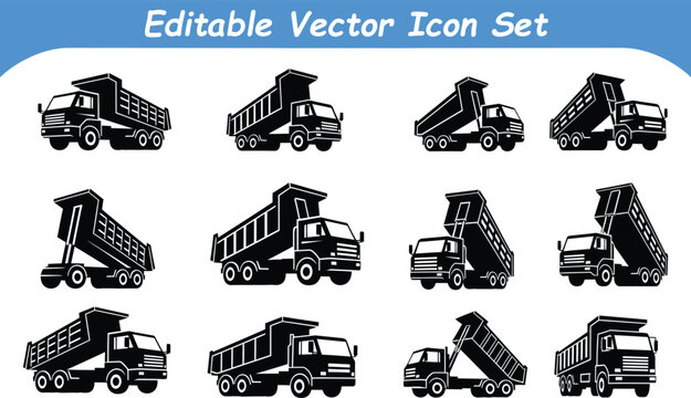 Collection of twelve dump truck icons in silhouette format with construction machinery silhouette