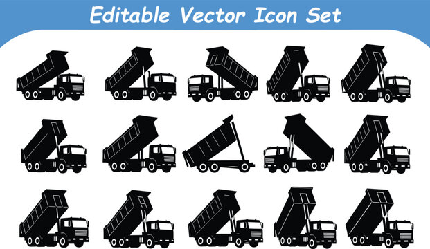Set of fifteen dump truck silhouettes for heavy duty transport with construction, machinery