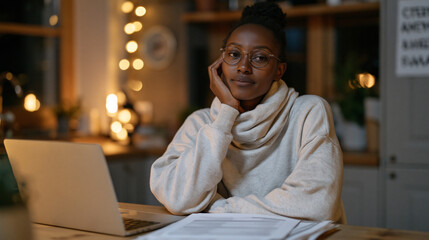 Obraz premium A Kenyan-born accountant spreads requalification study materials across a shared apartment kitchen table at midnight, an open laptop beside printed exam prep sheets, a