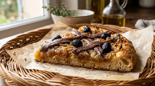 slice of traditional french pissaladiere tart with caramelized onions anchovies and black olives