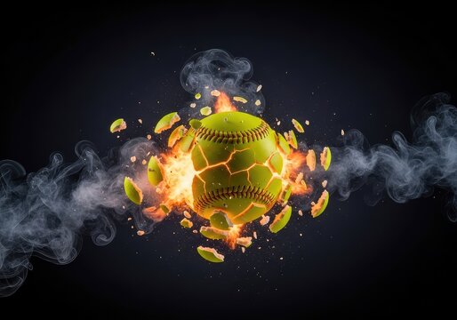 A yellow softball shatters into fragments during a powerful explosion with bright orange fire and thick swirling plumes of grey smoke, force, power, combustion