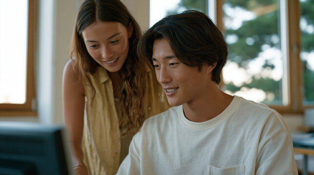 International student navigates an unfamiliar campus registration system on a computer in a university help center, a staff advisor beside him pointing to a translated enrollment