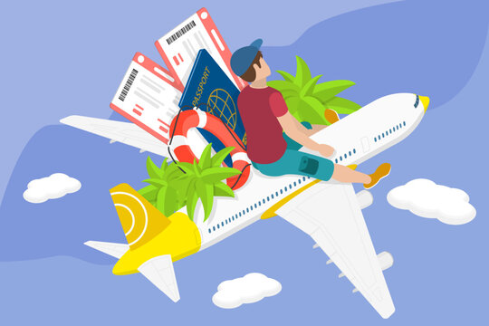 3D Isometric Flat Vector Illustration of Airplane Trip, Idea For Vacation By Air Flight To Coastal Retreat Plan