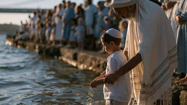 Rosh Hashanah tashlich ritual participants at urban riverbank casting breadcrumbs symbolically into water, family groups in holiday attire, September afternoon golden light on