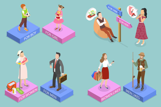 3D Isometric Flat Vector Illustration of Gender Stereotypes, Challenging Society Norms With Gender And Social Role Stereotype