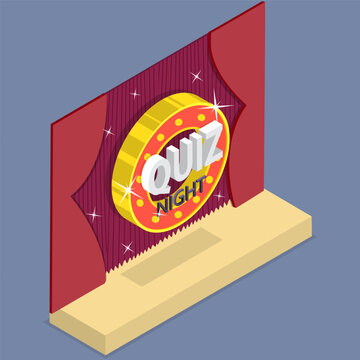 3D Isometric Flat Vector Illustration of Quiz Show, Glowing Night Signboard On Theatrical Stage with Red Velvet Curtains