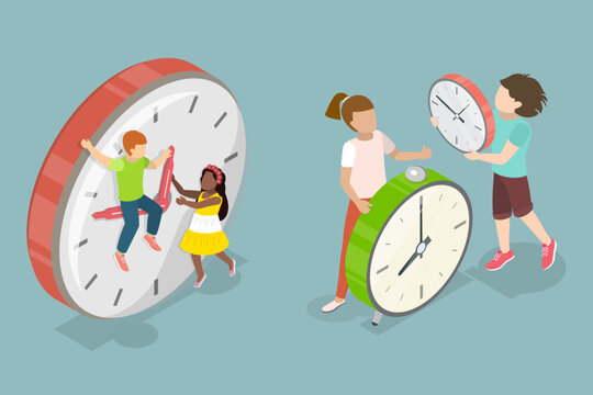 3D Isometric Flat Vector Illustration of Clock And Kids, Learning Time, Punctuality, And Numbers.