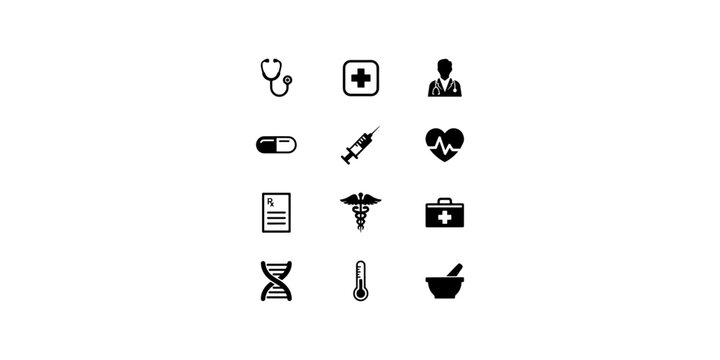 A set of 12 black and white minimalist doktor icon designs