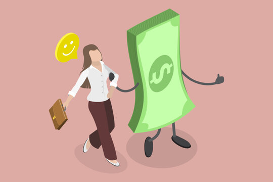 3D Isometric Flat Vector Illustration of Financial Freedom, Successful Businesswoman Achieving Financial Freedom With Joyful Money Bundle Walking Arm In Arm
