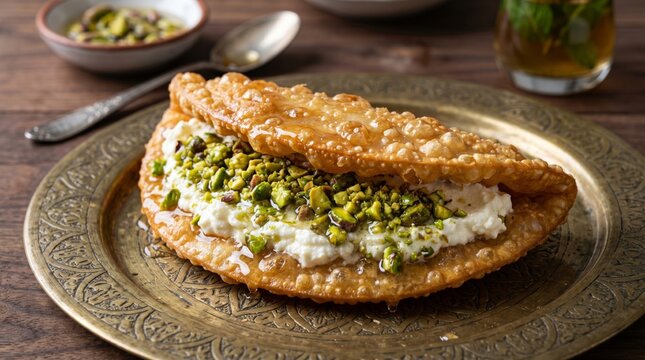 traditional middle eastern qatayef pastry filled with cream and crushed pistachios drizzled with syrup