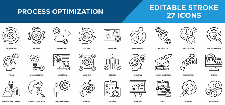 Process Optimization line icons set with process, workflow, efficiency, dashboard, performance, and automation concepts. Editable stroke vector collection.
