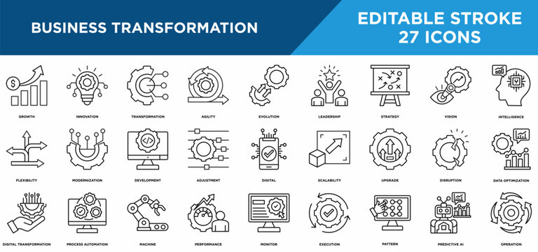 Business transformation line icons set with flexibility, growth, innovation, transformation, agility, and evolution concepts. Editable stroke vector collection.