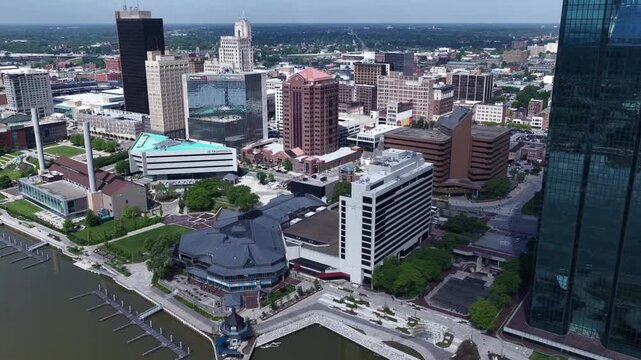 Aerial View of Downtown Toledo Ohio Skyline Along the Maumee River