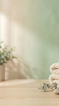Vertical still life of spa stones, an essential oil bottle, and a rolled towel on a wooden table. Cozy living room background with an olive tree, soft natural light, and copy space.