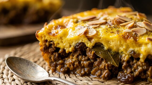 close up of traditional south african bobotie baked minced meat dish with egg topping and almonds