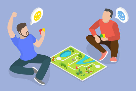 3D Isometric Flat Vector Illustration of Board Games, Two Men Engaged In Board Game While Sitting Cross-Legged On Floor.
