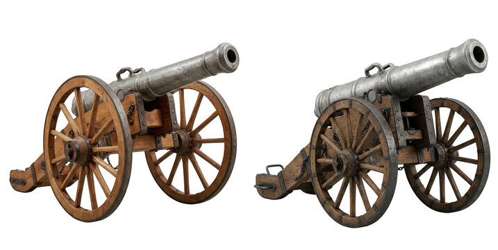Two vintage antique cannons on wooden carriages isolated on transparent background