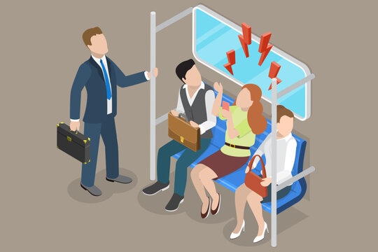 3D Isometric Flat Vector Illustration of Speaking Loudly On Public Transport , Inconsiderate Woman Talks Loudly On Phone, Disregarding Public Transport Etiquette