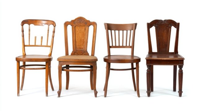 Set of four antique wooden chairs isolated on white background showing distinct design styles including spindle bentwood rustic carved and traditional ornate pieces for vintage interior decor.