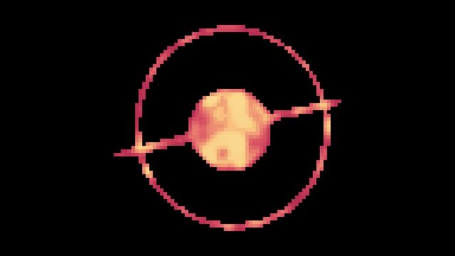 planet with ring flame explosion effect loop animation in pixel art style with black screen background