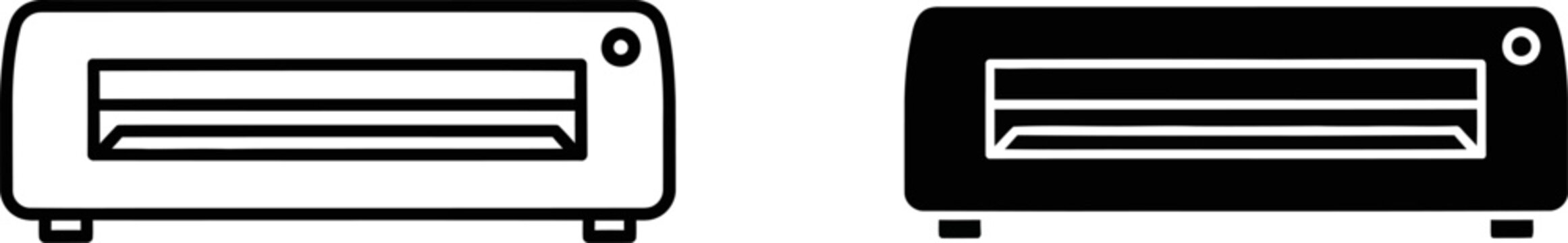 Flatbed scanner outline and filled icons on white background for digital document scanning and data entry