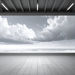 Obraz premium Monochromatic Seascape View from an Enclosed Structure with Cloudy Sky.