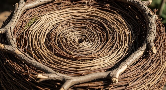Woven twig nest formed into a spiral pattern