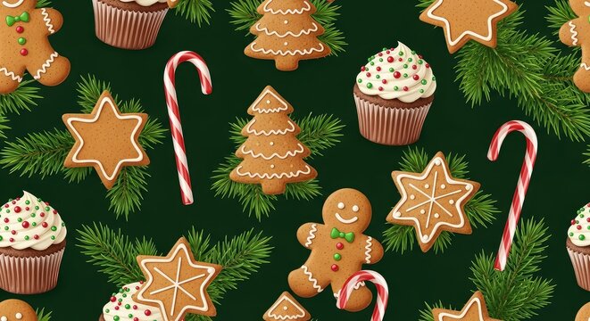 Festive seamless holiday pattern featuring sweet gingerbread cookies, red candy canes, cupcakes and green fir branches on dark green background, fabric, traditional, frosting