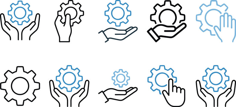 Technology maintenance and support icons featuring hands holding gears for service and manual configuration.