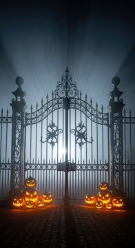 Antico cancello in ferro battuto di una tenuta spettrale avvolto dalla nebbia notturna con zucche di Halloween illuminate e intagliate, celebration, mist, ghostly