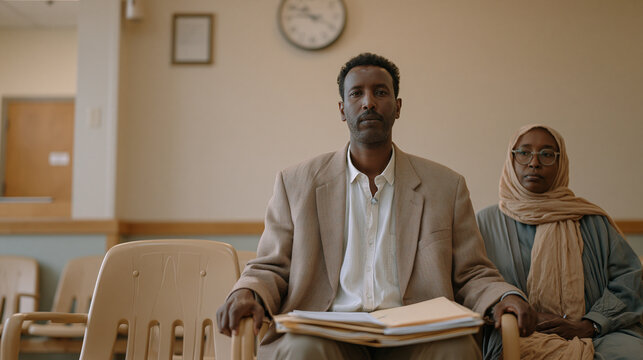 Young Somali man grips the armrests of a plastic chair in a government processing office, document folder thick on his lap, interpreter seated beside him, overhead clock ticking