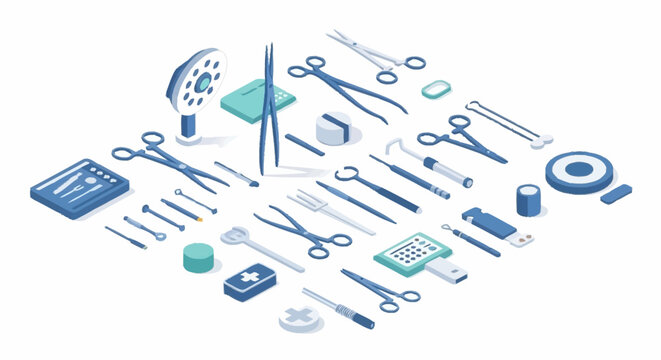 A collection of sterile surgical instruments and medical equipment laid out in an isometric view.