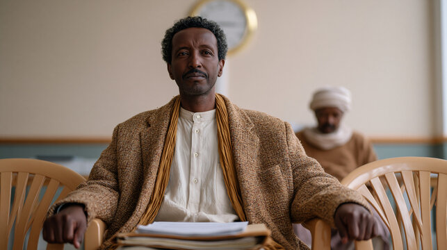 Young Somali man grips the armrests of a plastic chair in a government processing office, document folder thick on his lap, interpreter seated beside him, overhead clock ticking