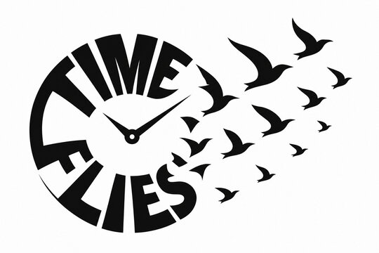 Minimalist graphic of clock with time flies text dissolving into birds
