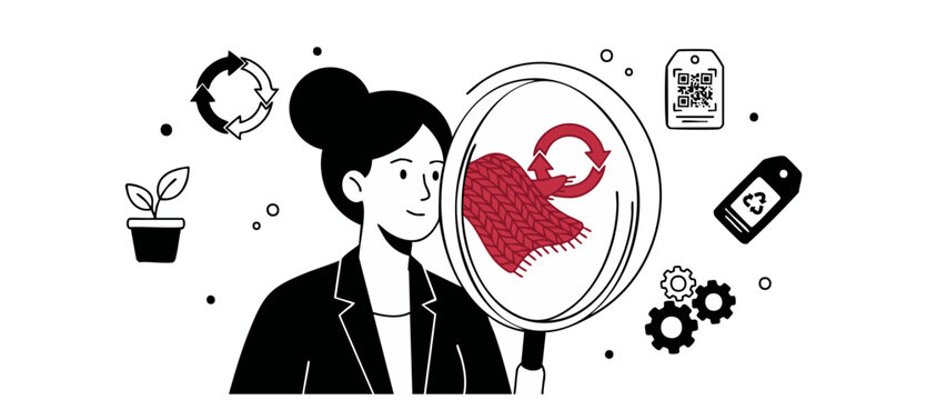 Sustainable fashion recycling vector concept showing a woman inspecting eco-friendly clothing under a magnifying glass for circular economy textile tracing and green garment manufacturing industries.