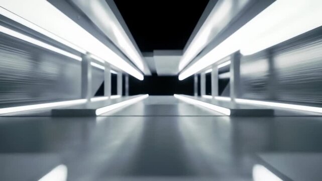 A brilliant white light beam pierces a dimly lit void, revealing dancing particles. A smooth camera pull-back reveals a vast, pristine, high-key lit, futuristic architectural space of polished white