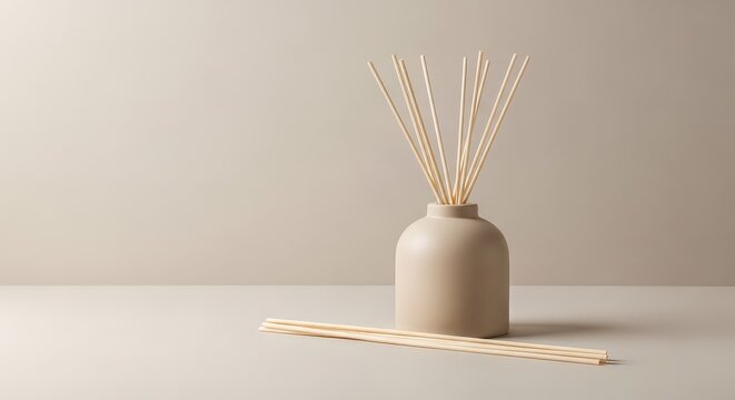 Minimalist beige ceramic reed diffuser with light wooden sticks on a neutral surface for aromatherapy, home decor, and a peaceful ambiance, calm, modern, tranquility