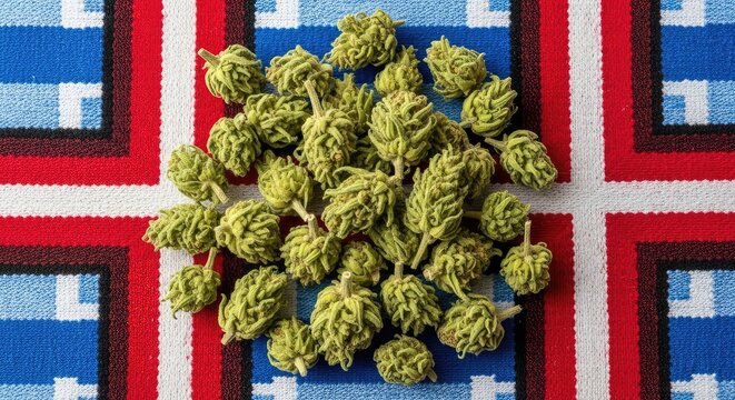 High-quality dried green herbal flower buds scattered over a textile featuring a red, white, and blue geometric cross and stripe pattern, botanical, close-up, flag