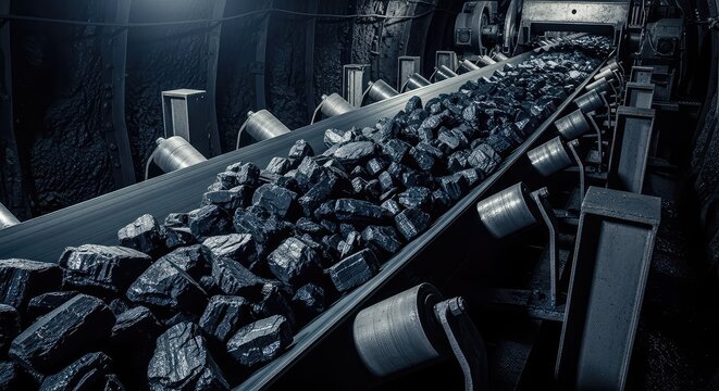 Industrial conveyor belt transporting raw coal through a dark underground mining tunnel, showcasing heavy mechanical rollers and steel frames, frame, energy, charcoal