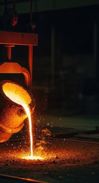 Molten metal flows from a heavy industrial crucible, casting a vibrant orange glow and scattering bright sparks throughout a dark foundry, metal, production, temperature