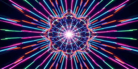 Abstract neon light tunnel with radiant star shape bursting effect science fiction abstract cyberpunk futuristic geometry colorful spectrum perspective background technology visualization © Romana