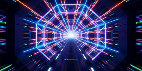 Futuristic hexagonal neon corridor with glowing light trails science fiction three dimensional tunnel effect corridor futuristic cyberpunk geometry perspective technology structure abstract © Romana