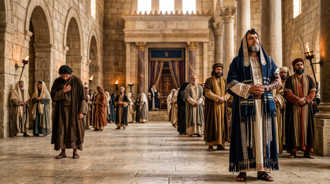 A Pharisee and a tax collector pray in the temple.