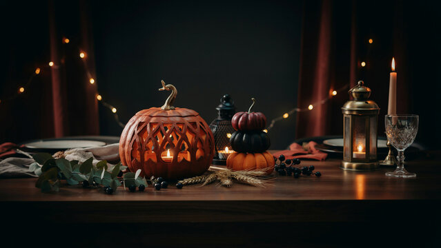 Autumnal table setting with carved pumpkin lanterns candles and fall decorations on wooden table indoors