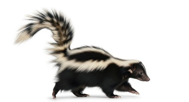 Striped skunk walking isolated on white background