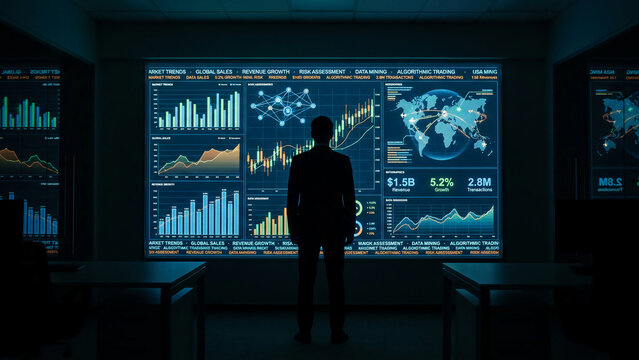 Man looking at large screen with graphs and charts in a dark room.