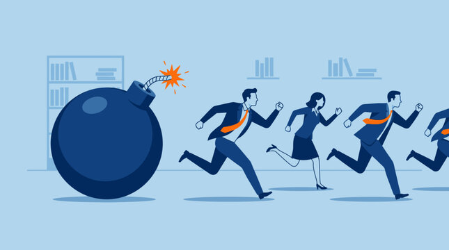 Business Crisis Concept featuring corporate professionals running away from a giant ticking bomb in an office setting, ideal for financial risk articles and corporate crisis management.